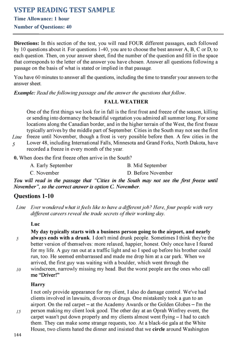 Ví dụ đề thi VSTEP Reading