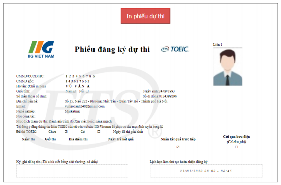 Phiếu dự thi TOEIC bản online